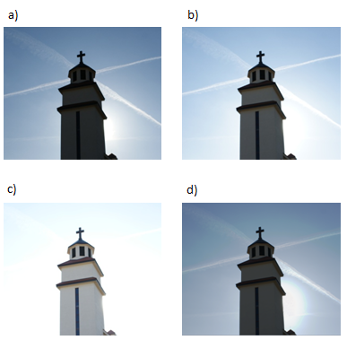 Rys.  10     rys. a – zdjęcie niedoświetlone (-2 EV); rys. b – zdjęcie normalne (0 EV); rys. c – zdjęcie prześwietlone (+2 EV); rys. d – zdjęcie HDR