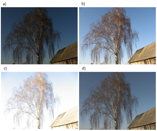 Rys.  11   rys. a – zdjęcie niedoświetlone (-2 EV); rys. b – zdjęcie normalne (0 EV); rys. c – zdjęcie prześwietlone (+2 EV); rys. d – zdjęcie HDR